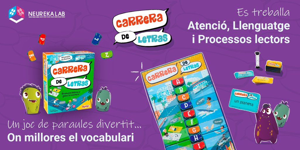 Carrera de letras: Un joc de paraules divertit on millores el vocabulari. Es treballa l'atenció, el llenguatge i els processos lectors.